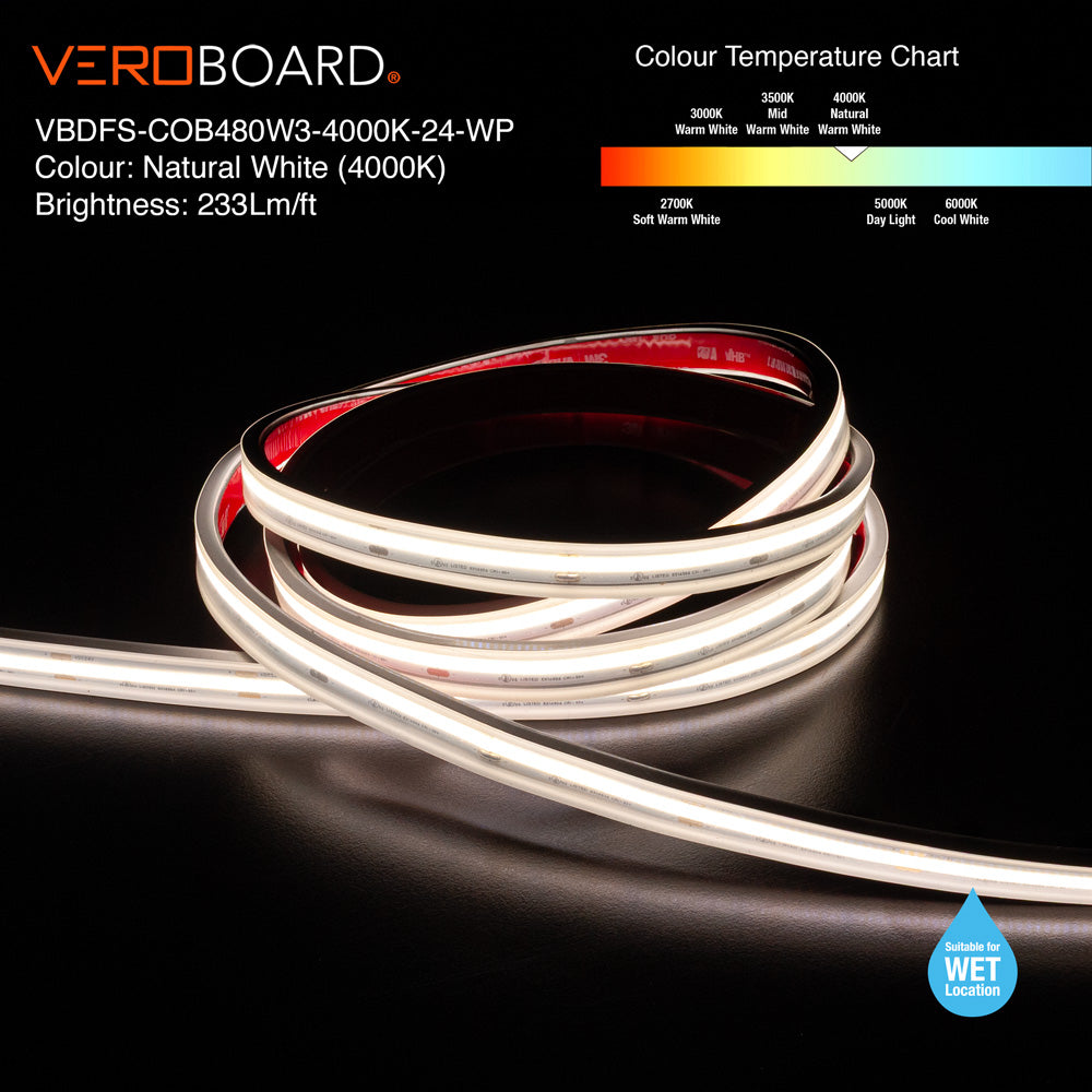 VBDFS-COB480W3-xxxx-24-WP Waterproof COB LED Strip, 765Lm/m (233Lm/ft) 9W/m(3W/ft) CCT(2.7K, 3K, 3.5K, 4K, 5K)