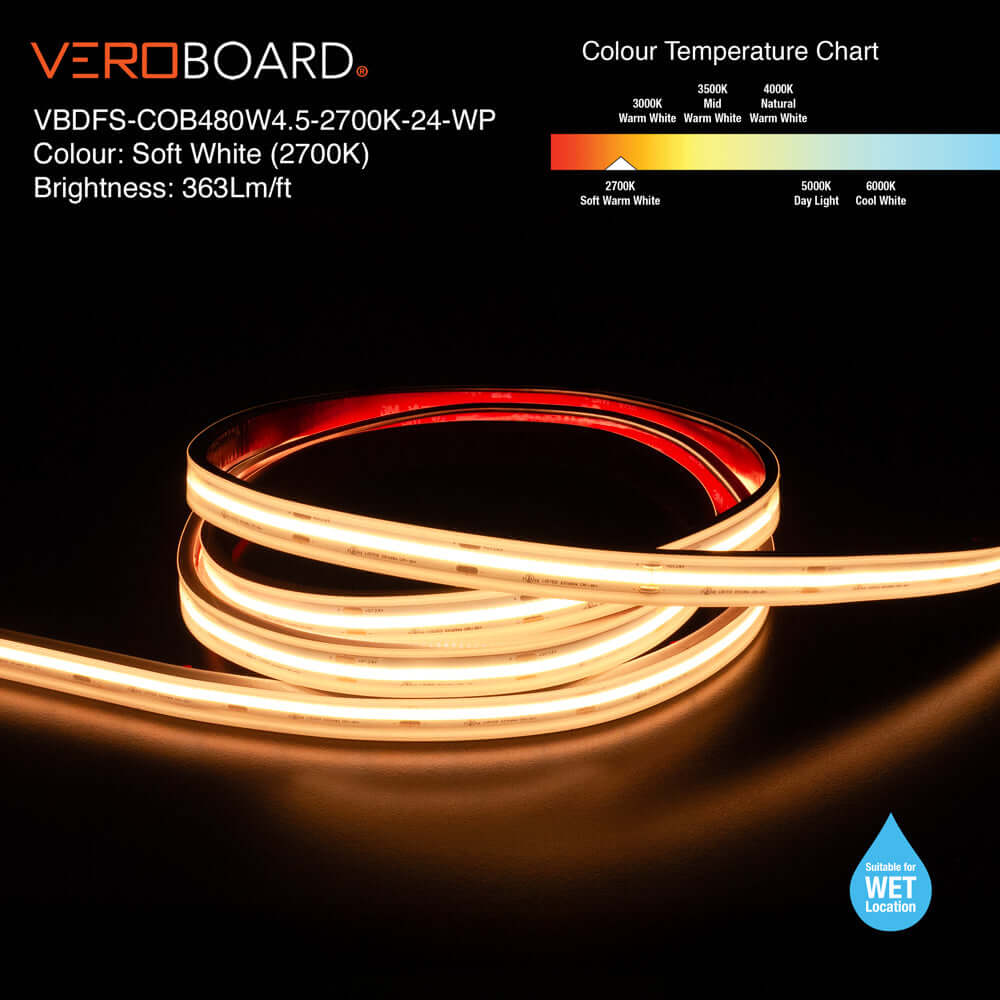 VBDFS-COB480W4.5-xxxx-24-WP Waterproof COB LED Strip, 1190Lm/m (363Lm/ft) 14W/m(4.5W/ft) CCT(2.7K, 3K, 3.5K, 4K, 5K)