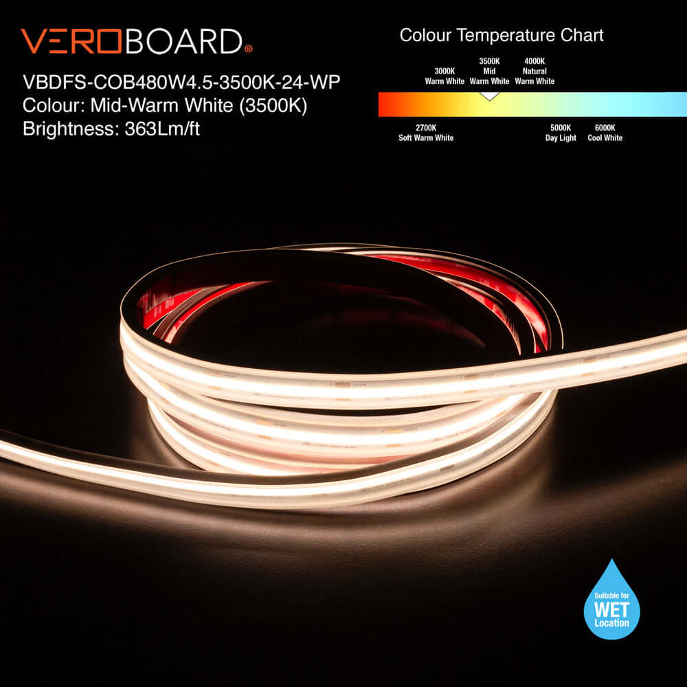 VBDFS-COB480W4.5-xxxx-24-WP Waterproof COB LED Strip, 1190Lm/m (363Lm/ft) 14W/m(4.5W/ft) CCT(2.7K, 3K, 3.5K, 4K, 5K)