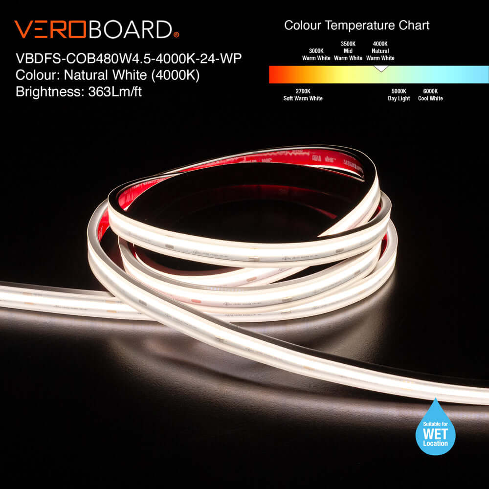 VBDFS-COB480W4.5-xxxx-24-WP Waterproof COB LED Strip, 1190Lm/m (363Lm/ft) 14W/m(4.5W/ft) CCT(2.7K, 3K, 3.5K, 4K, 5K)