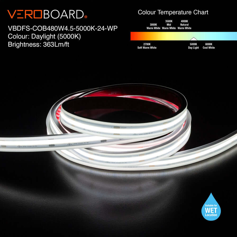 VBDFS-COB480W4.5-xxxx-24-WP Waterproof COB LED Strip, 1190Lm/m (363Lm/ft) 14W/m(4.5W/ft) CCT(2.7K, 3K, 3.5K, 4K, 5K)