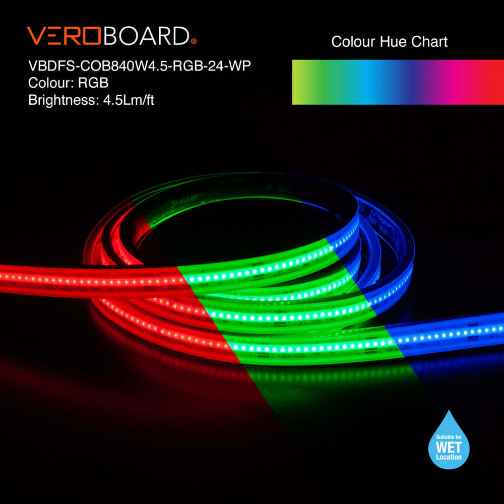 VBDFS-COB840W4.5-RGB-24-WP Waterproof COB LED Strip, 15W/m(4.5W/ft) CCT(RGB)