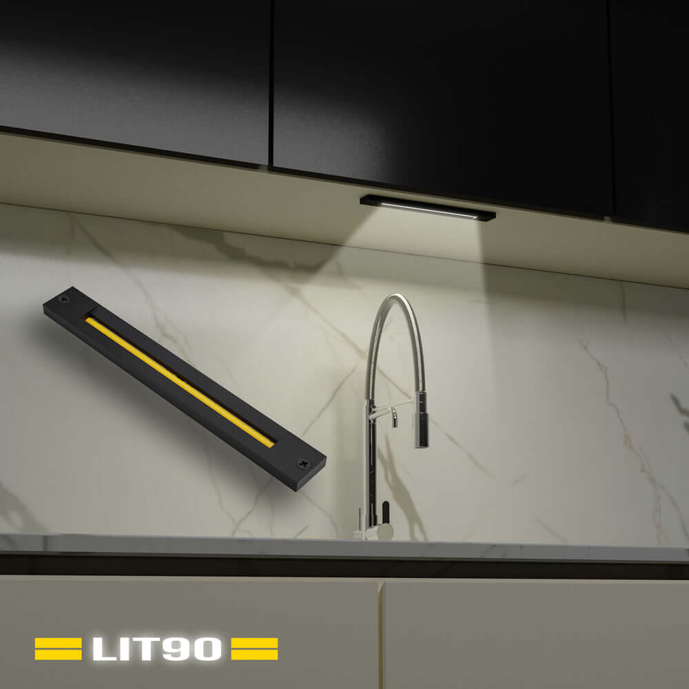 VBD-COB-24V-400L-xxxx-UN8-Black 8 inch COB linear cabinet light installed above a kitchen sink.