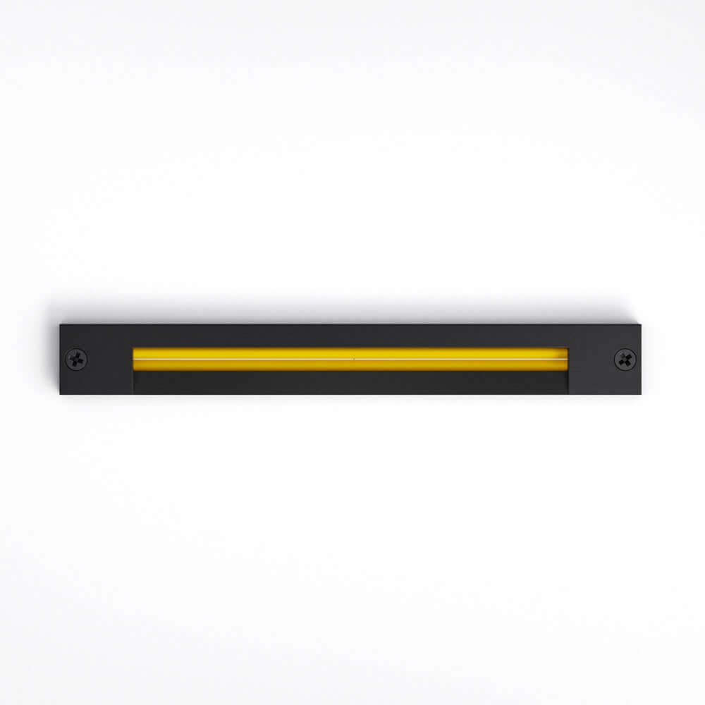 Black 8 inch COB linear cabinet light with yellow accent, 24V, dimmable, IP20 rating, perfect for indoor use.