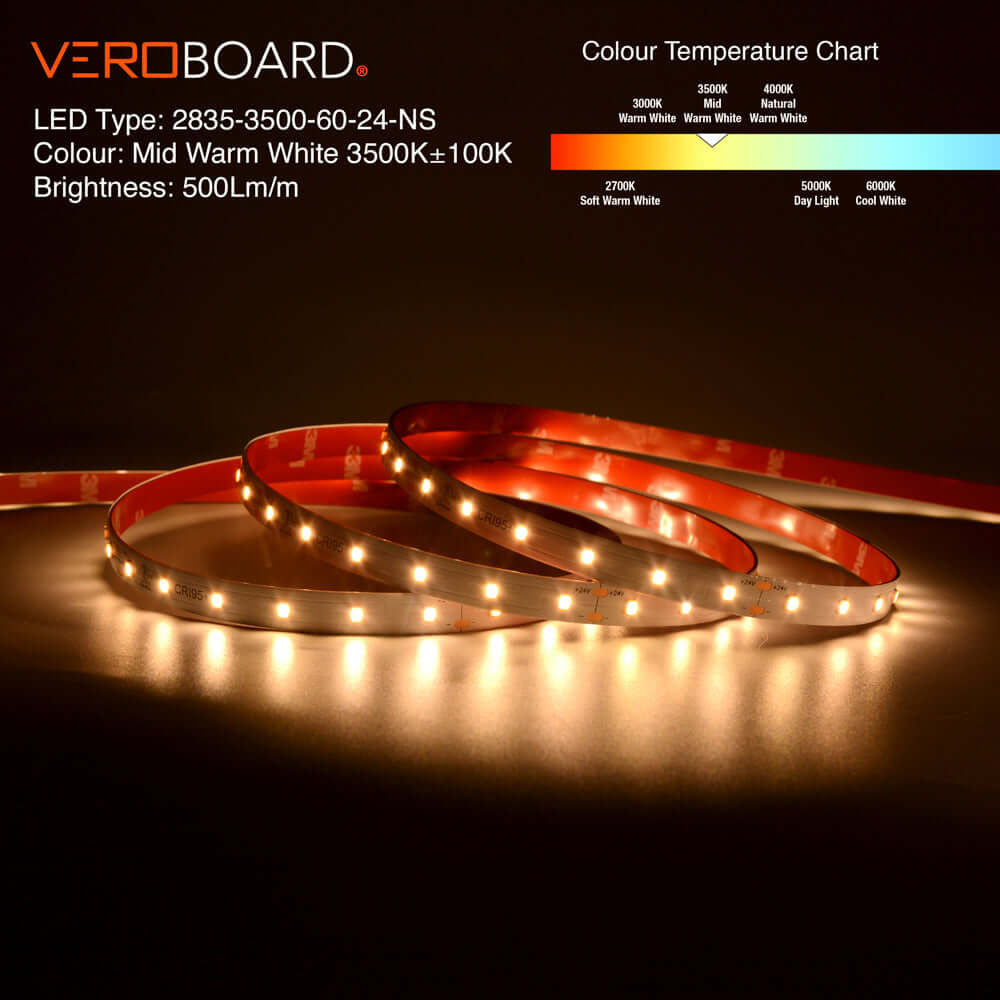 VBDFS-L2835-xxxx-60-24-NS 500Lm/m(152Lm/ft) 4.8W/m(1.5W/ft) CCT(2.7K, 3K, 3.5K, 4K, 5K, 6K) led strip, led ribbon, veroboard