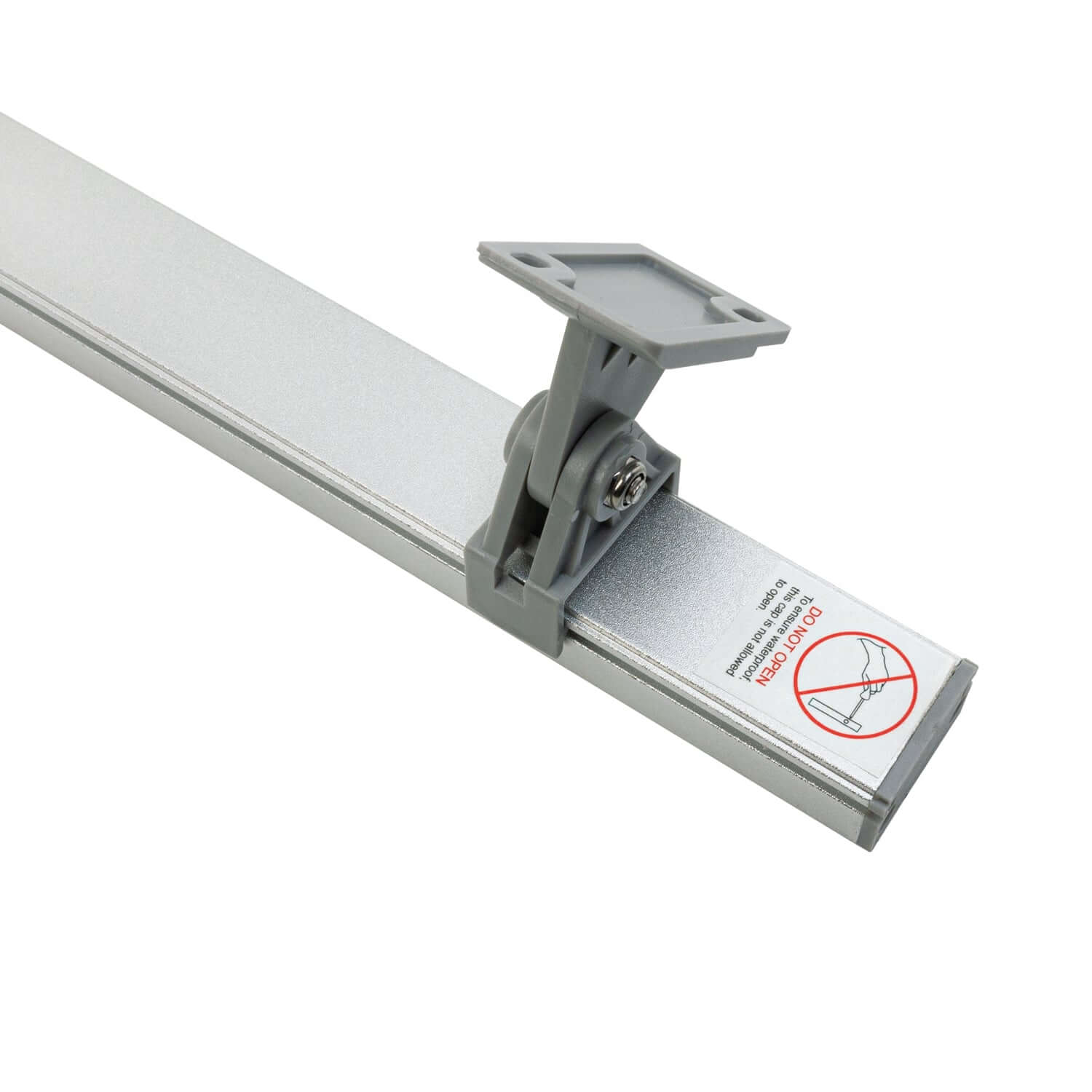 Close-up of a linear LED wall washer mounting bracket with warning label, designed for easy installation.