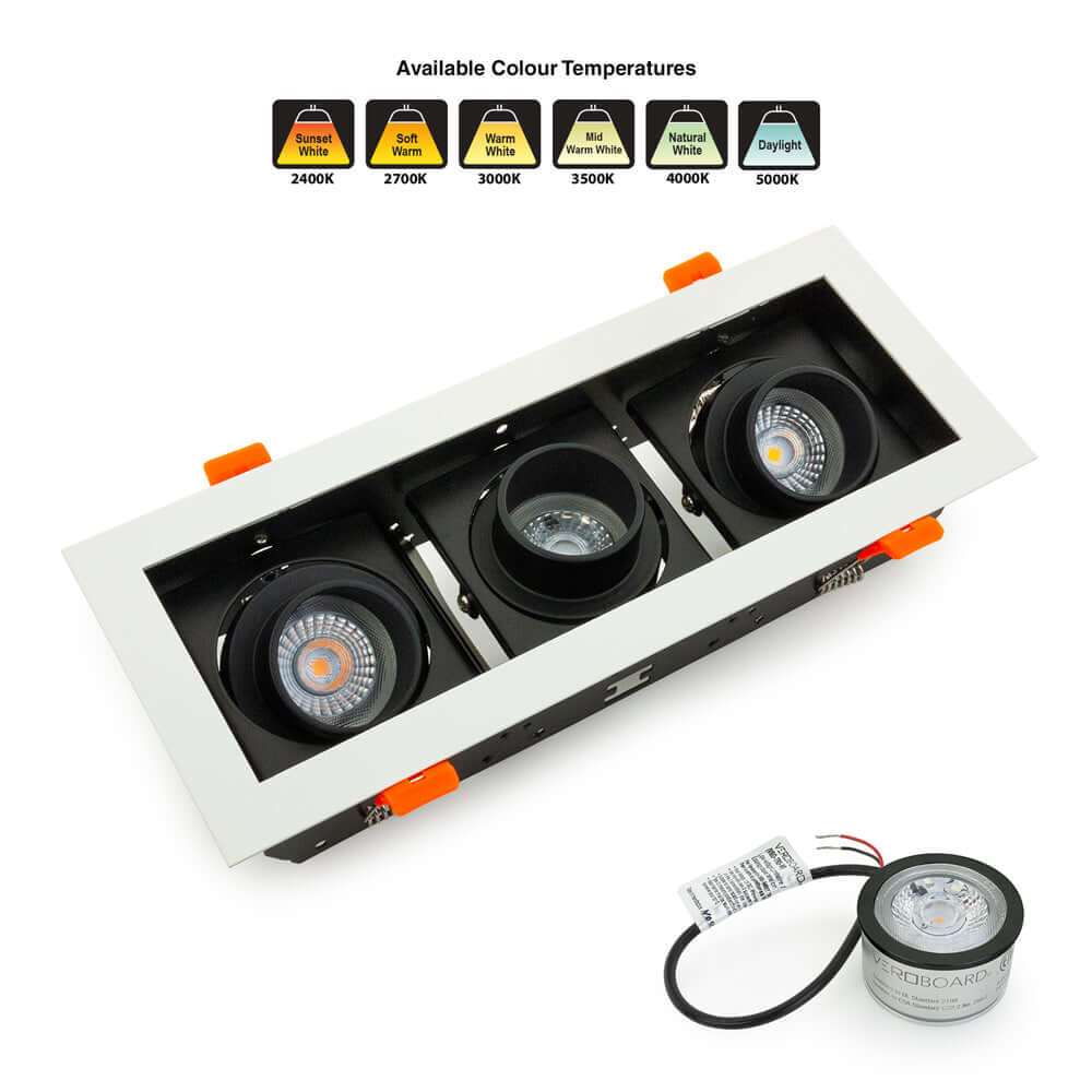 VBD-MTR-78T recessed light trim with three adjustable lights and color temperature options, designed for low voltage use.