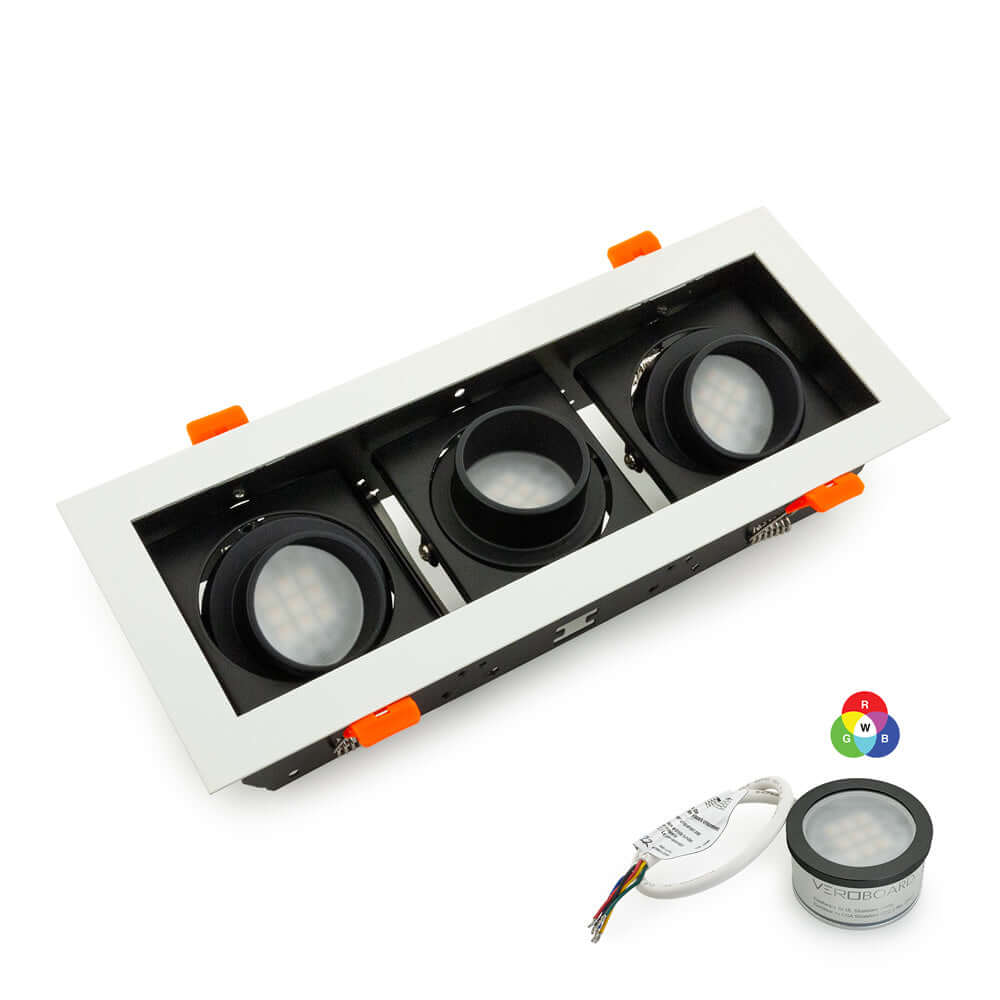 VBD-MTR-78T Low Voltage IC Rated recessed light trim with three black lights in white aluminum frame.