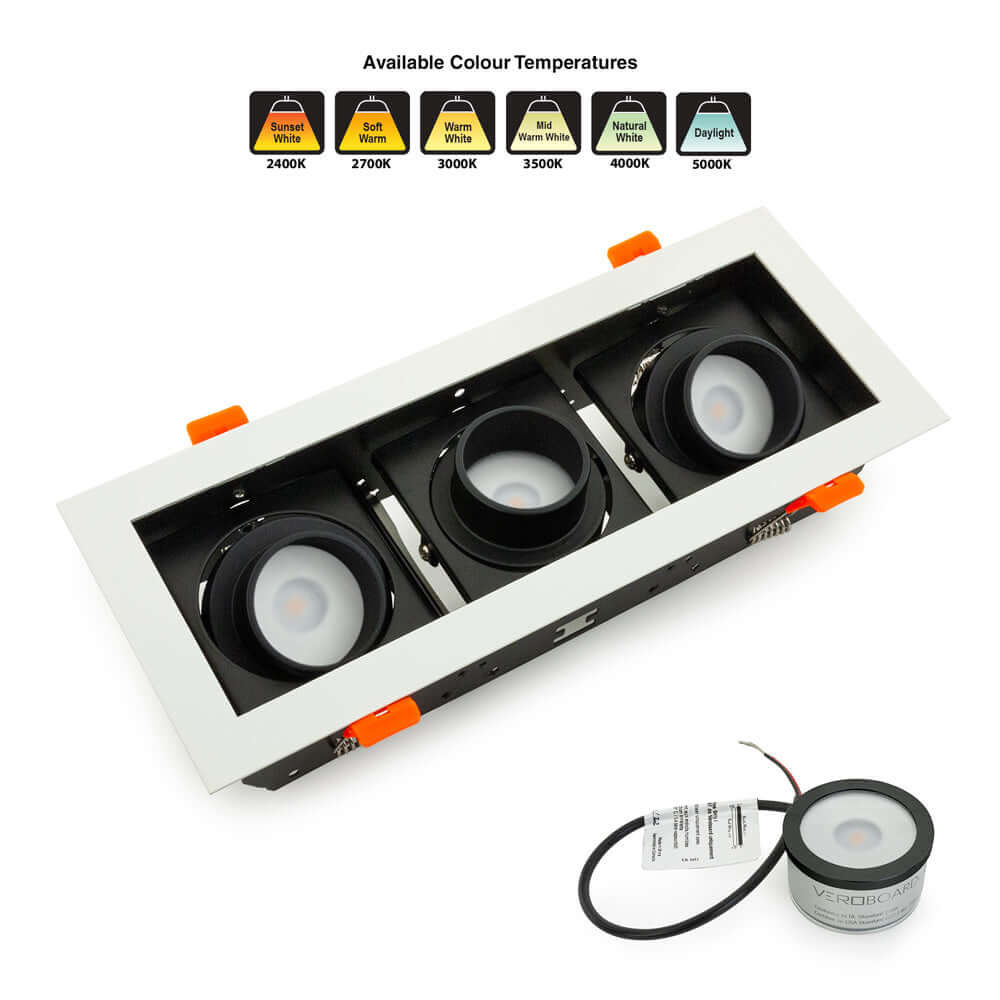 VBD-MTR-78T low voltage recessed light trim with three adjustable lights and color temperature options.