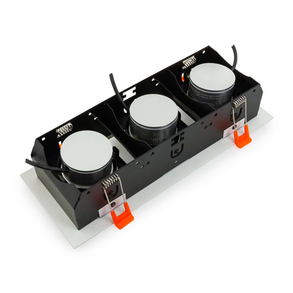 VBD-MTR-78T recessed light trim with three light fixtures and black housing, designed for low voltage applications.