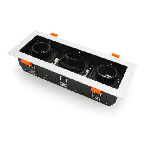 VBD-MTR-78T Low Voltage IC rated recessed light trim with three light sockets in a rectangular design.