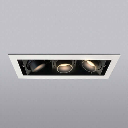 VBD-MTR-78T recessed light trim with three adjustable lights and white aluminum finish.