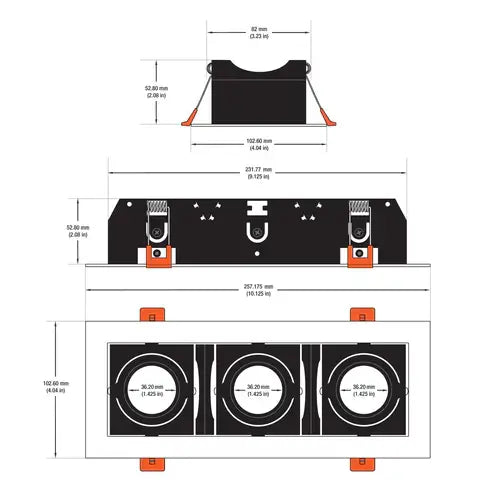 Dimensions and design specifications of VBD-MTR-78T low voltage recessed light trim with three light openings.