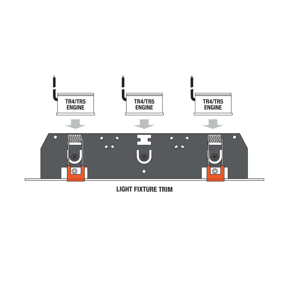Diagram of VBD-MTR-78T light fixture trim with three light engines labeled TR4/TRS.