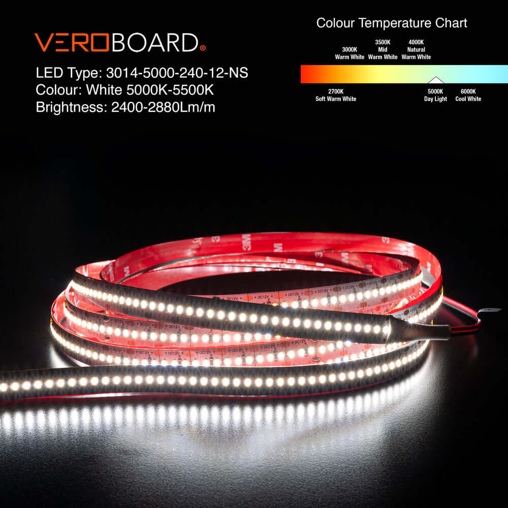 5M(16.4ft) Indoor LED Strip 3014, 12V 7(w/ft) 727-873(Lm/ft) 240(LEDs/m) CCT(2.7K, 4K, 5K ) - GekPower