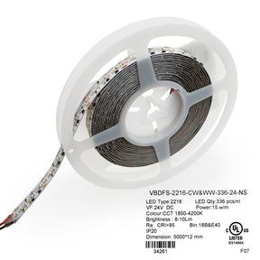 VBDFS-2216-CW&WW-336-24-NS Adjustable Color Temperature Dim to Warm LED Strip, 15.3W/m(5W/ft) led strip, led ribbon veroboard