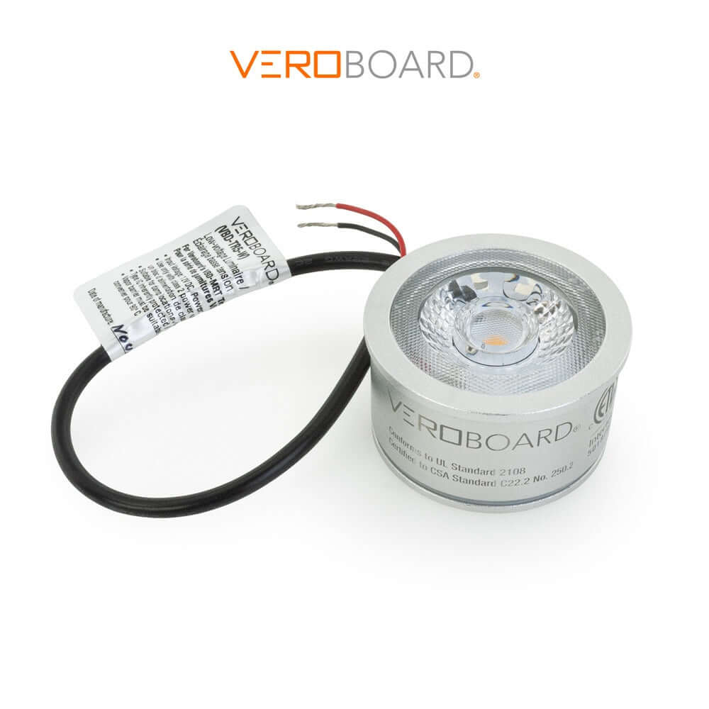 VBD-TR5-W-50K LED light engine in silver with wire connectors, bright 500 lumens, suitable for damp locations.