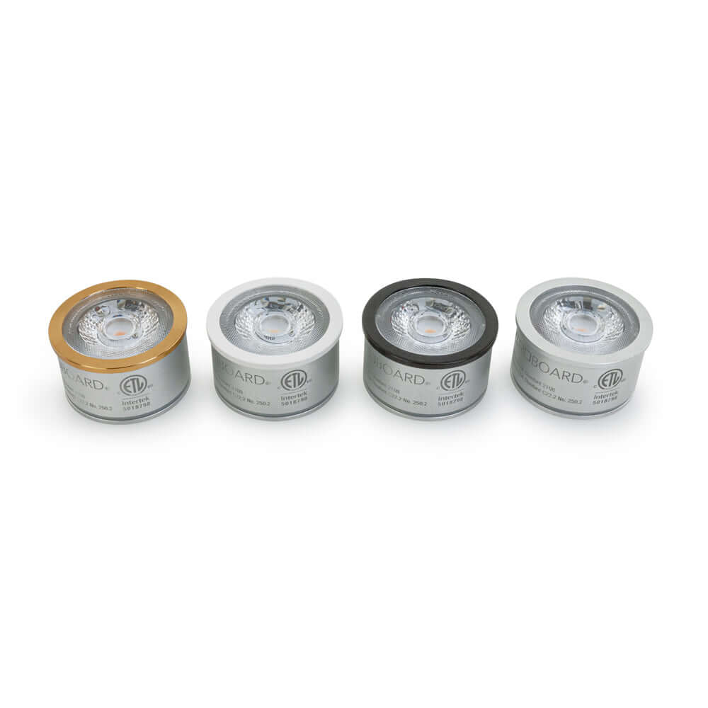 VBD-TR5-W-50K LED light engines in silver, white, black, and gold finishes, showcasing versatility in design.