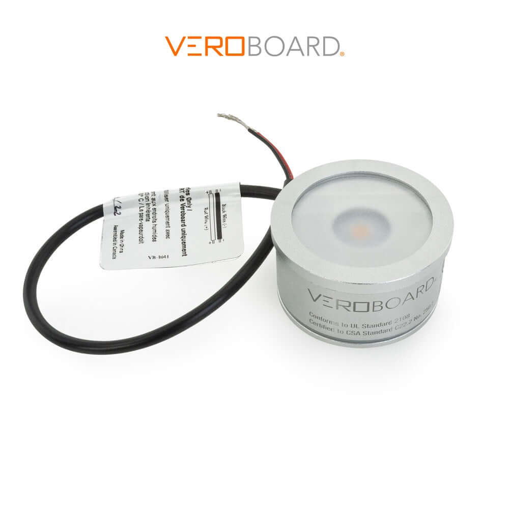 VBD-TR5-W-35K LED light engine with silver trim and wires, suitable for dimmable lighting applications.