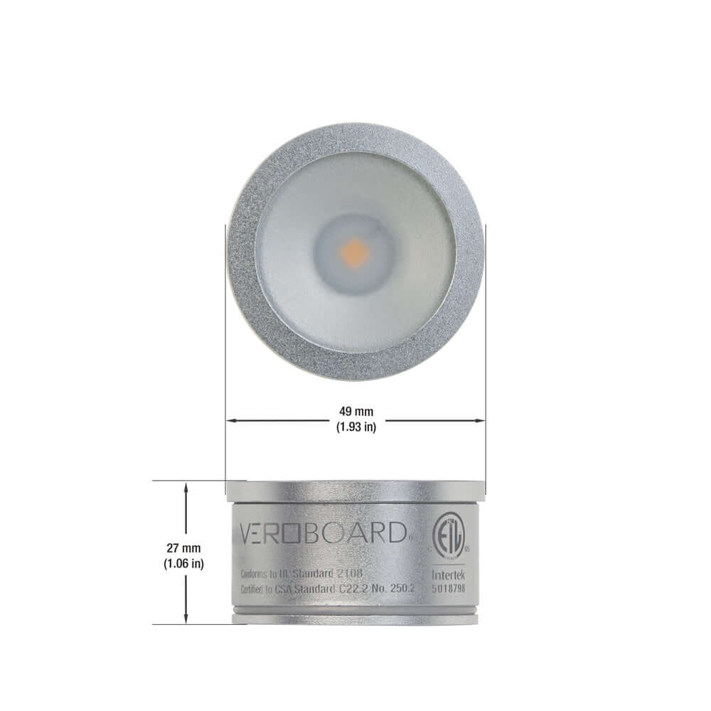 VBD-TR5-W-35K LED light engine, 49mm diameter, silver trim, showcases input details and dimensions.