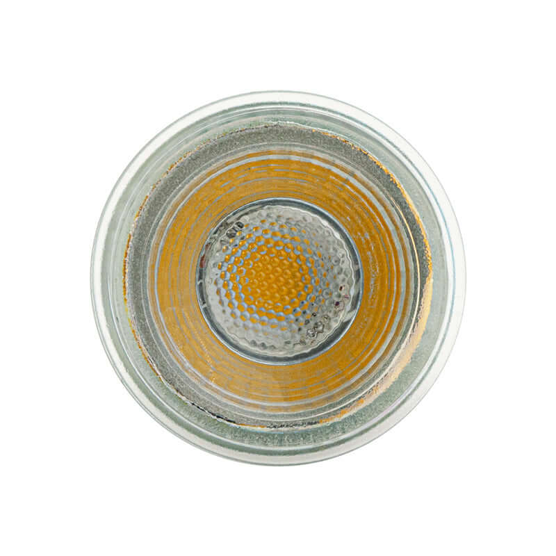 Top view of an MR16 LED light bulb with a GU5.3 base, showcasing its COB light source and warm white 3000K color temperature.