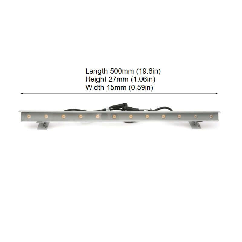 Linear LED wall washer dimensions: 500mm x 27mm x 15mm (19.6in x 1.06in x 0.59in) with connectors.