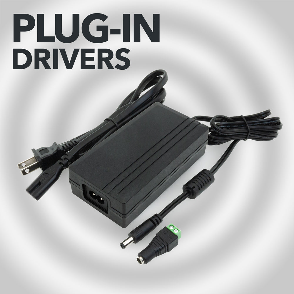 Plug-in constant voltage LED driver power supply with input and output connections, ideal for indoor lighting.