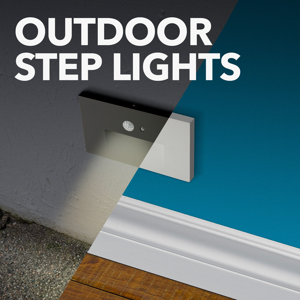 Veroboard outdoor step lights displaying sleek black and white designs for safety and style in outdoor spaces.