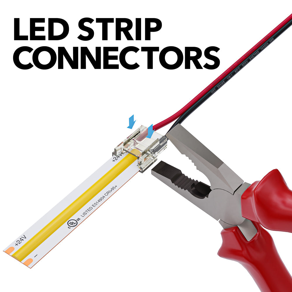 LED strip connectors for indoor lighting, featuring multiple color wires for versatile installations.