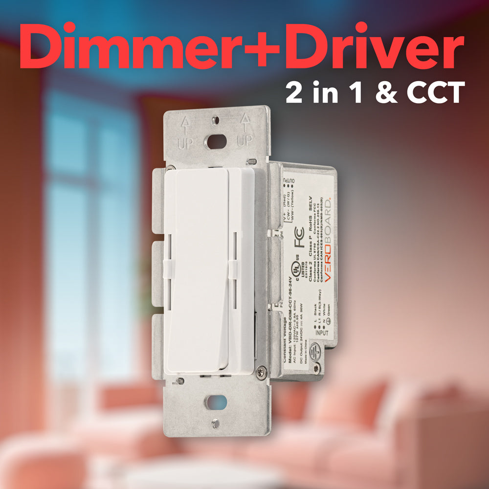 2-in-1 dimmer and driver device for LED lights, featuring CCT control, ideal for home lighting solutions.