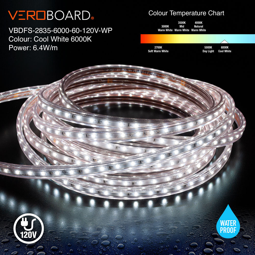 VBDFS-2835-XXXX-60-120-WP Waterproof LED Strip, 656Lm/m (200Lm/ft) 6.4W/m(2W/ft) CCT(3K, 6K)