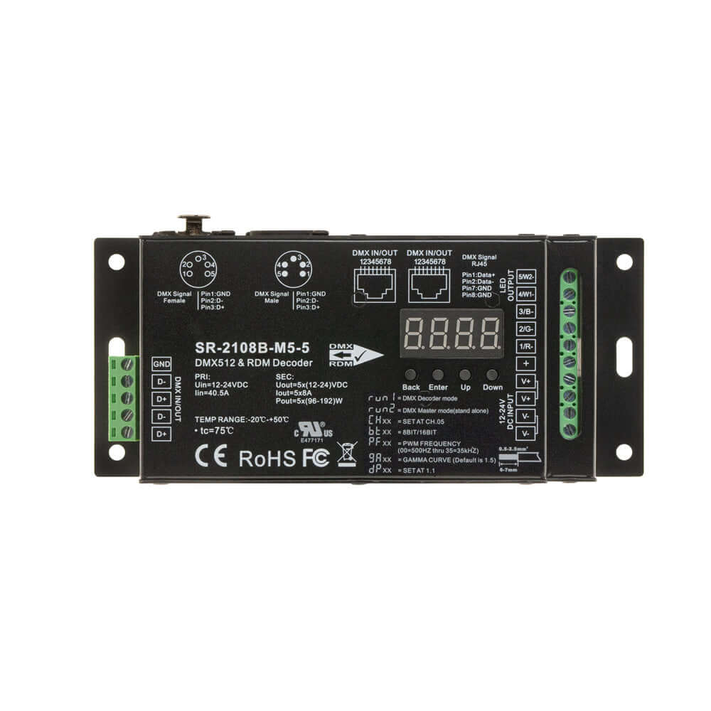 SR-2108B-M5-5 DMX512 and RDM Decoder showcasing inputs, outputs, and control channels on a black die-cast aluminum body.