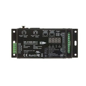 SR-2108B-M5-5 DMX512 and RDM Decoder showcasing inputs, outputs, and control channels on a black die-cast aluminum body.