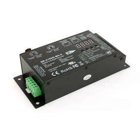 SR-2108B-M5-5 DMX512 RDM decoder with 5 channels and input/output terminals shown in black die-cast aluminum housing.