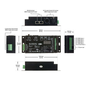 SR-2108B-M5-5 DMX512 RDM decoder with input/output terminals diagram and product specifications.