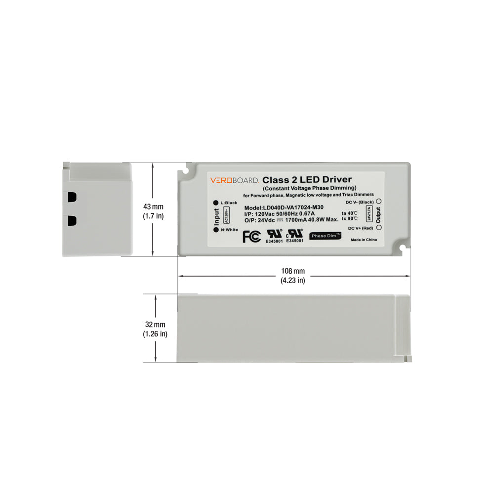 LD040D-VA17024-M30 Triac dimmable Constant Voltage LED Driver, 24V 40.8W