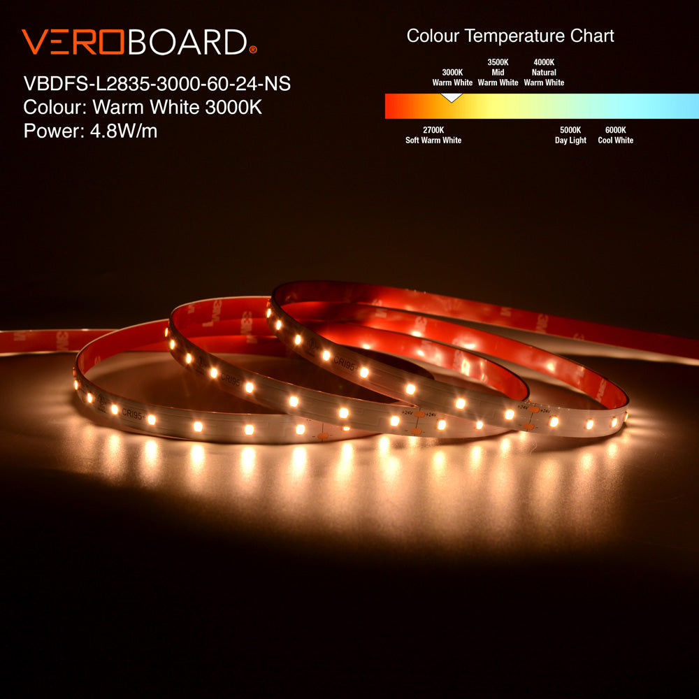 VBDFS-L2835-xxxx-60-24-NS 500Lm/m(152Lm/ft) 4.8W/m(1.5W/ft) CCT(2.7K, 3K, 3.5K, 4K, 5K, 6K)