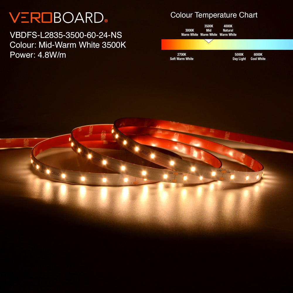 VBDFS-L2835-xxxx-60-24-NS 500Lm/m(152Lm/ft) 4.8W/m(1.5W/ft) CCT(2.7K, 3K, 3.5K, 4K, 5K, 6K)