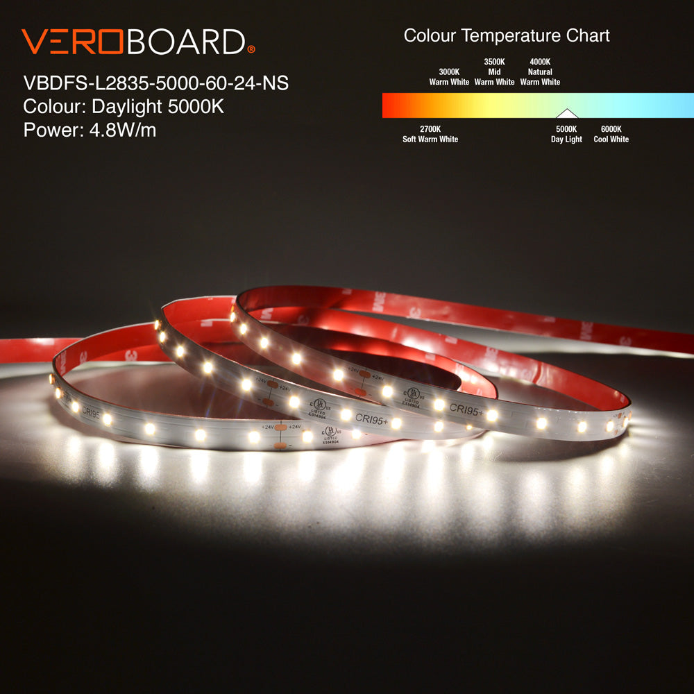 VBDFS-L2835-xxxx-60-24-NS 500Lm/m(152Lm/ft) 4.8W/m(1.5W/ft) CCT(2.7K, 3K, 3.5K, 4K, 5K, 6K)