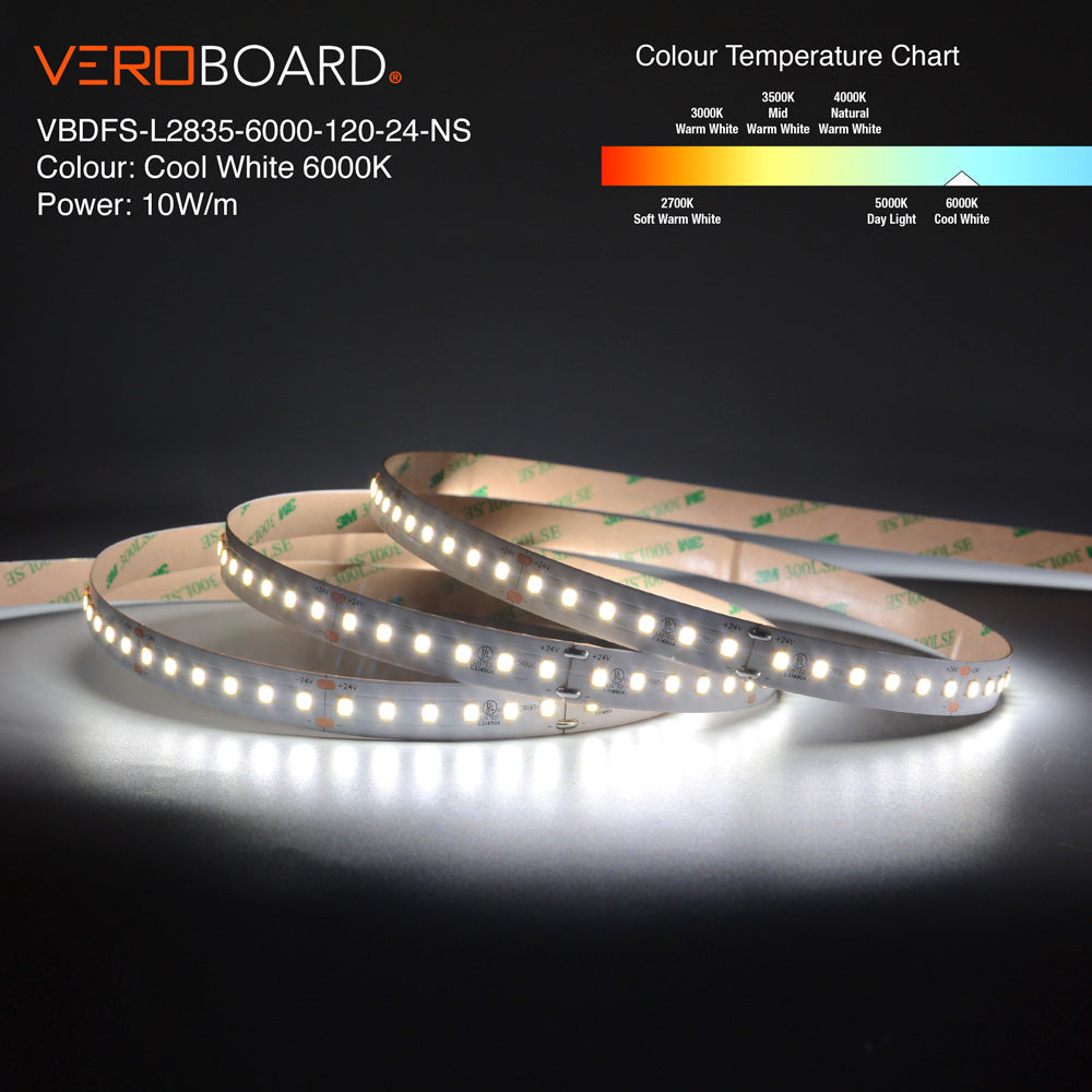 VBDFS-L2835-xxxx-120-24-NS 980Lm/m(298Lm/ft) 10W/m(3W/ft) CCT(2.7K, 3K, 3.5K, 4K, 5K, 6K)