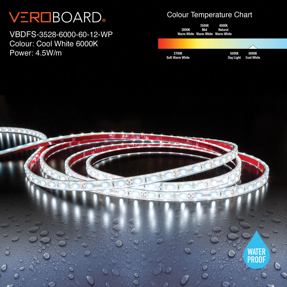 VBDFS-3528-xxxx-60-12-WP Waterproof LED Strip, 480Lm/m(146Lm/ft) 4.5W/m(1.5W/ft) CCT(3K, 6K)