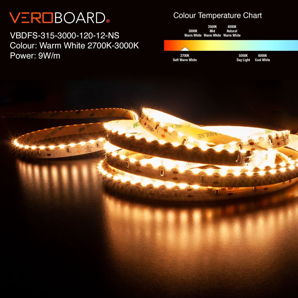 VBDFS-315-xxxx-120-12-NS Side Emitting LED Strip, 1320Lm/m(402Lm/ft) 9W/m(3W/ft) CCT(2.7K, 5K, Green)