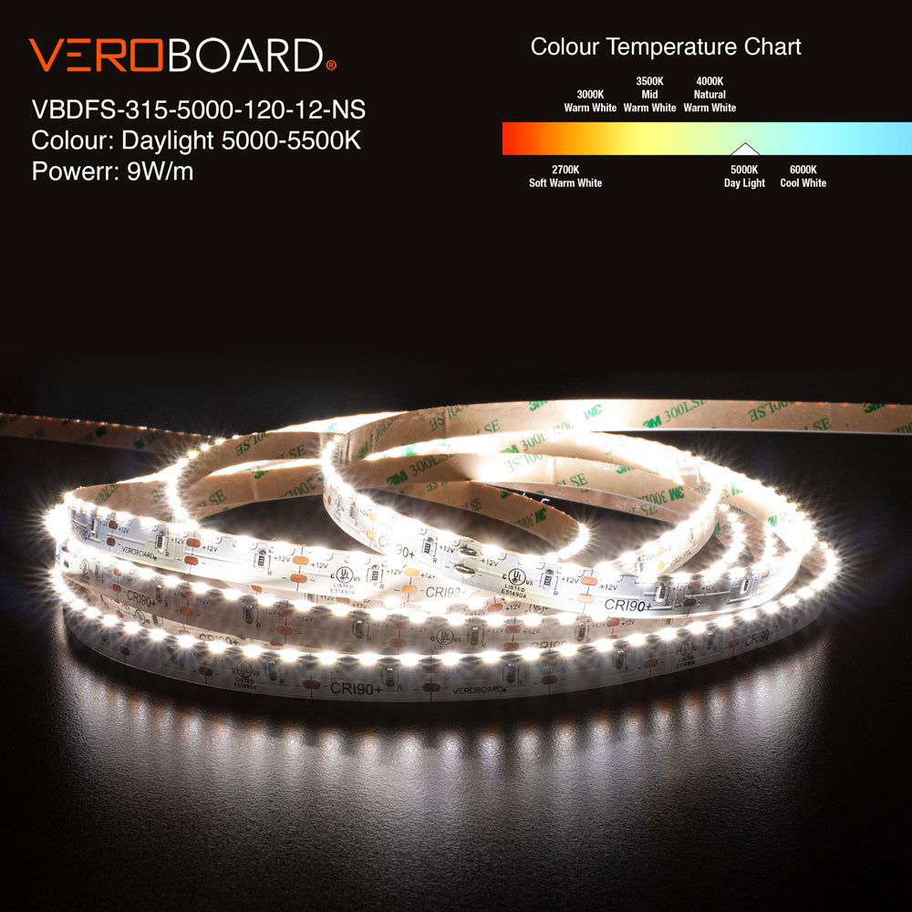 VBDFS-315-xxxx-120-12-NS Side Emitting LED Strip, 1320Lm/m(402Lm/ft) 9W/m(3W/ft) CCT(2.7K, 5K, Green)