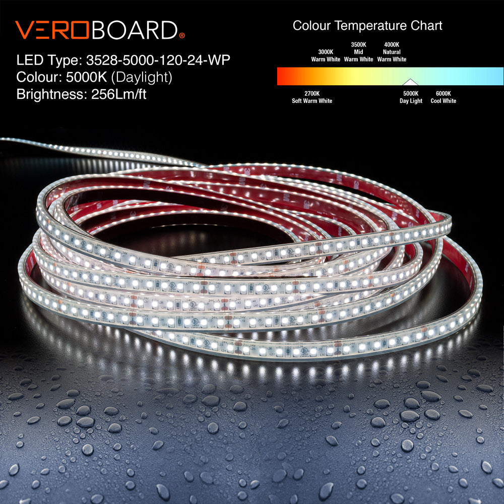 VBDFS-3528-5000-120-24-WP Weatherproof LED Strip, 840Lm/m (256Lm/ft) 9.6W/m(3W/ft)  CCT(5K)