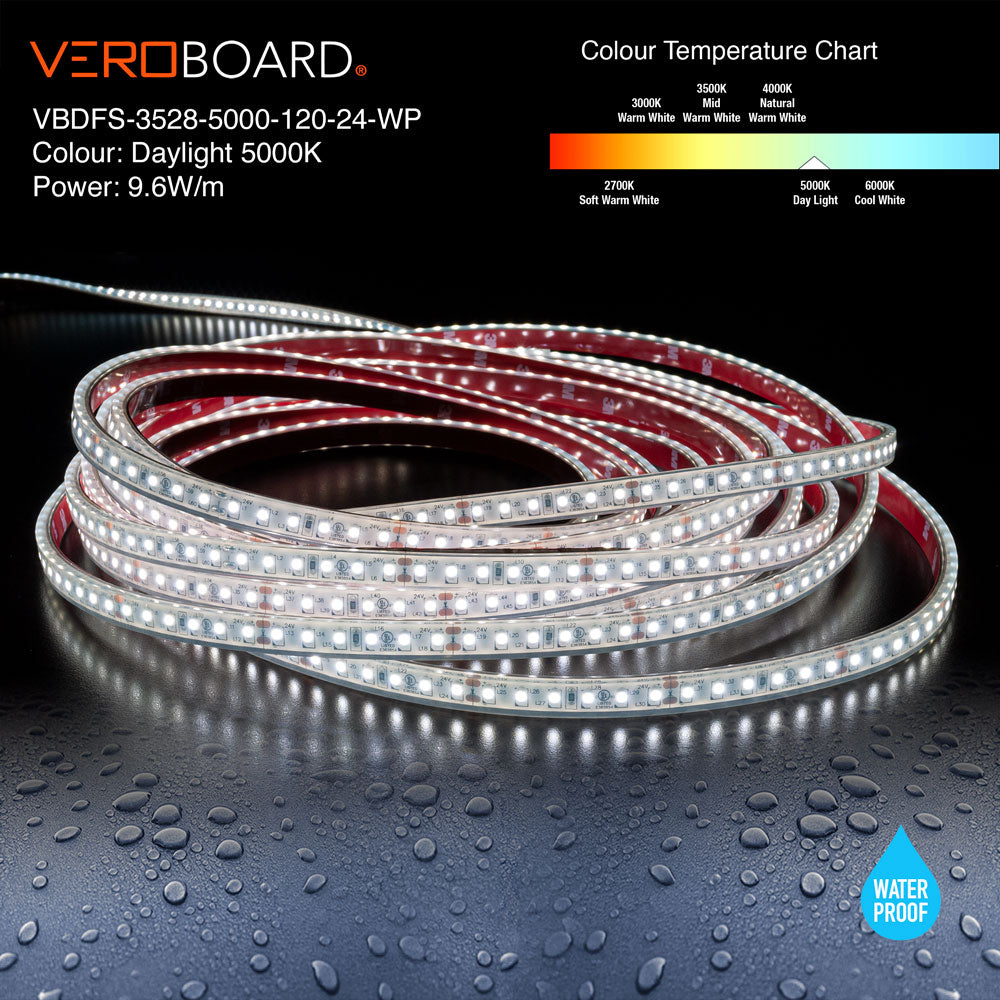 VBDFS-3528-5000-120-24-WP Waterproof LED Strip, 840Lm/m (256Lm/ft) 9.6W/m(3W/ft)  CCT(5K)