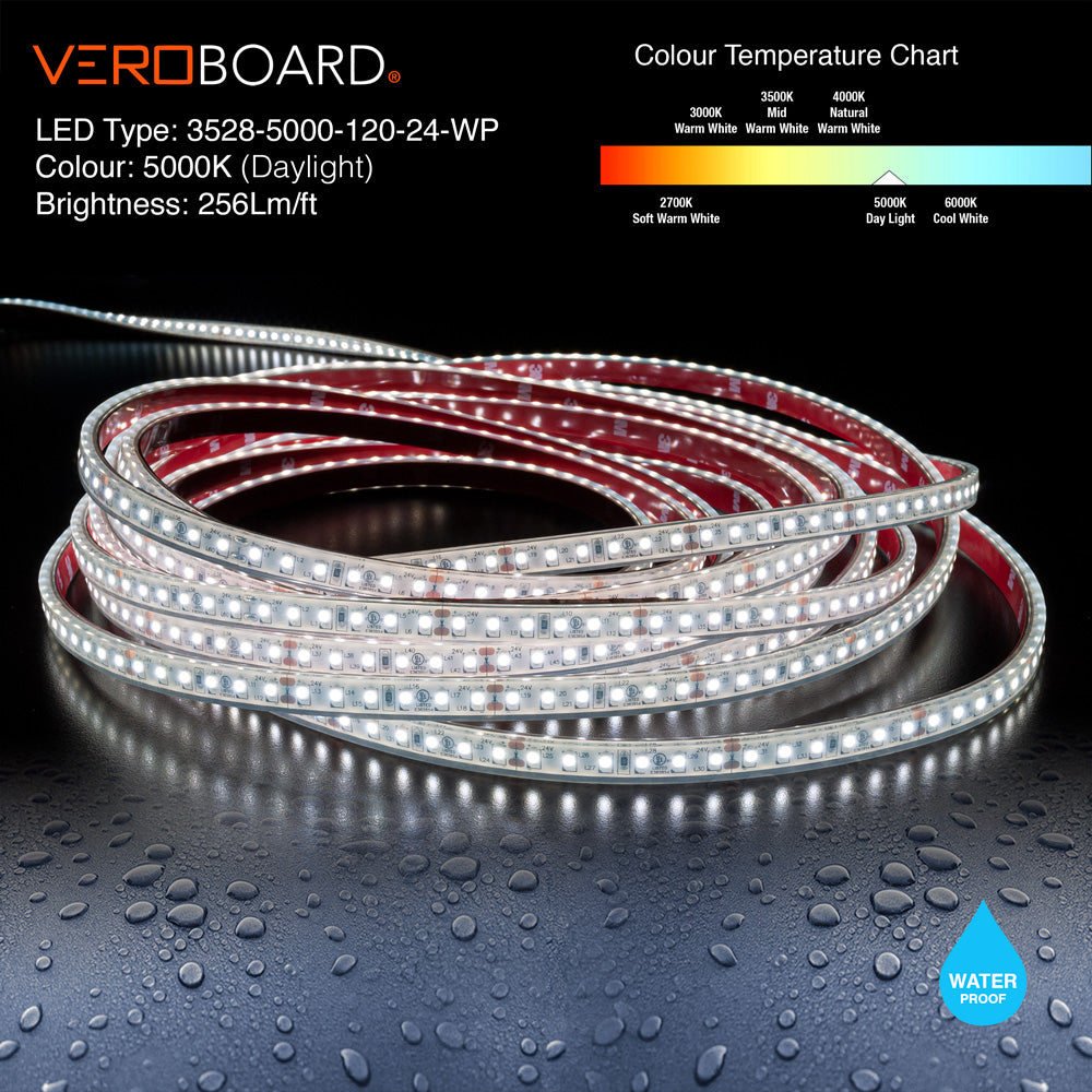 VBDFS-3528-5000-120-24-WP Waterproof LED Strip, 840Lm/m (256Lm/ft) 9.6W/m(3W/ft)  CCT(5K)