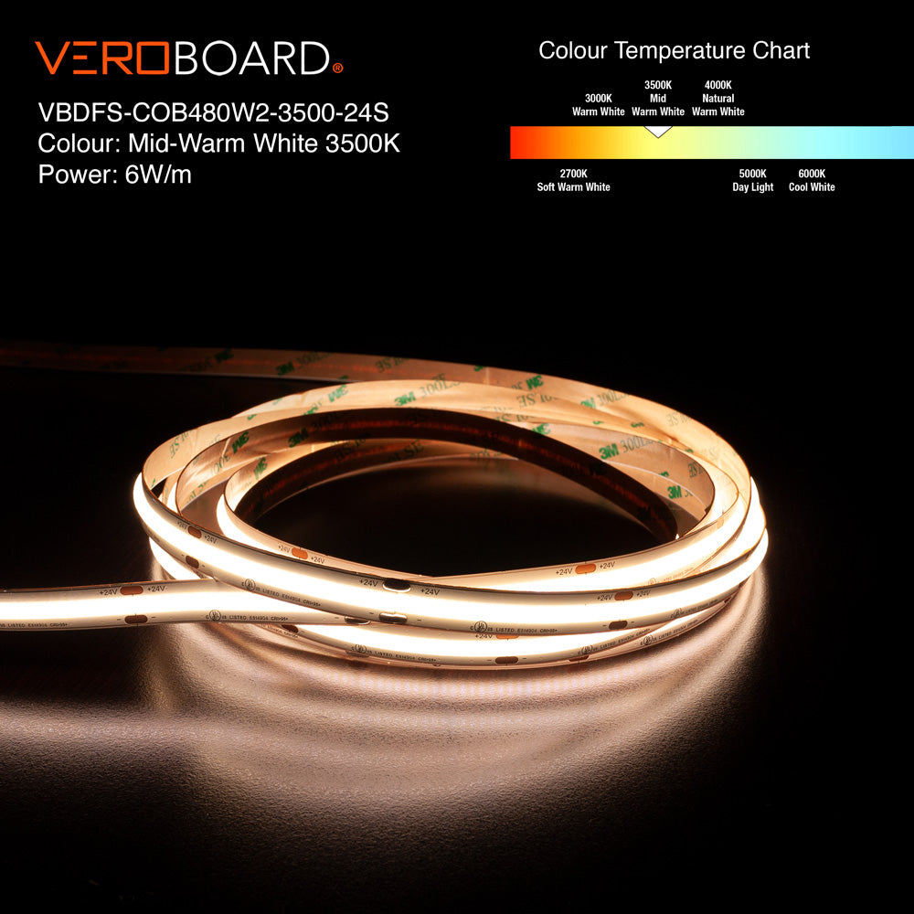 VBDFS-COB480W2-xxxx-24S 510Lm/m(155Lm/ft) 6W/m(2W/ft) CCT(2.7K, 3K, 3.5K, 4K, 5K) Gold PCB
