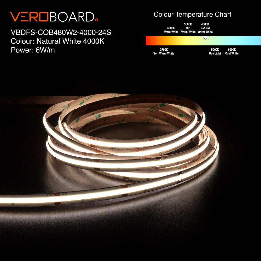 VBDFS-COB480W2-xxxx-24S 510Lm/m(155Lm/ft) 6W/m(2W/ft) CCT(2.7K, 3K, 3.5K, 4K, 5K) Gold PCB