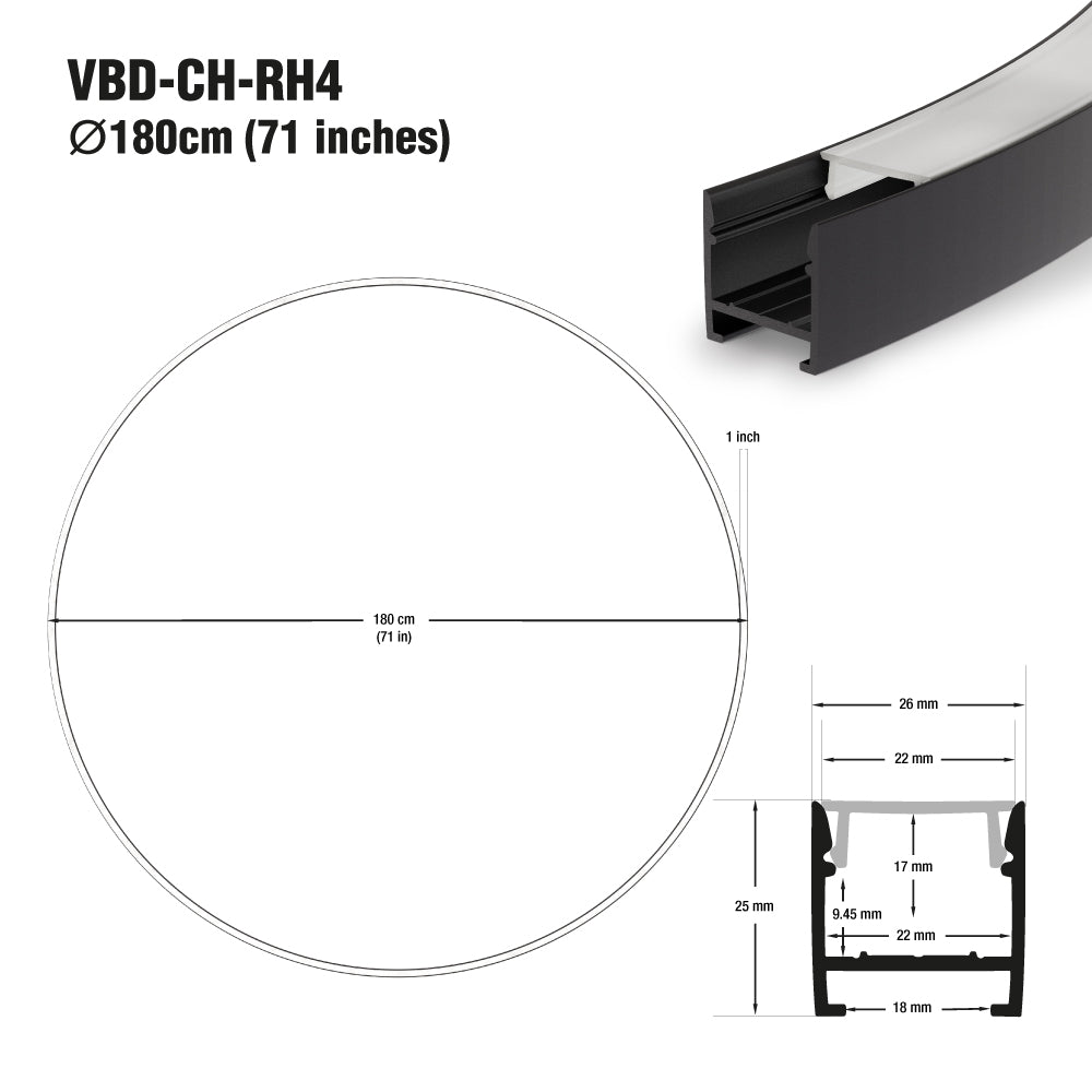 VBD-CH-RH4 Round Aluminum Channel 1800mm(71in), Veroboard