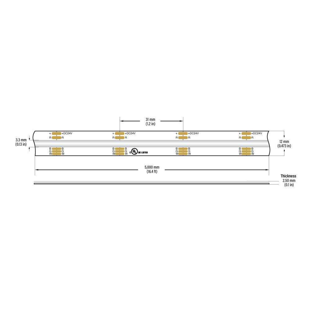 VBDFS-COB896W6.6-RGB27-24S Color Changing LED Strip, 20W/m(6.6W/ft) RGBW Gold PCB